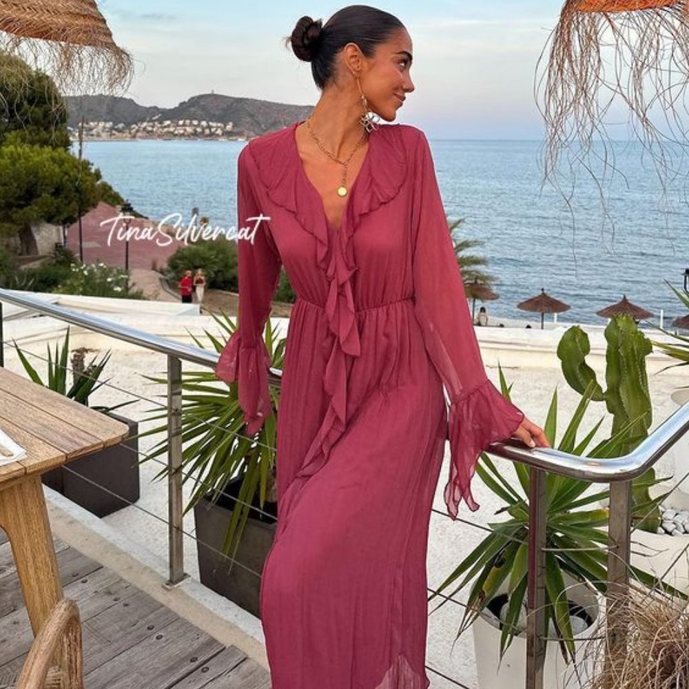 Zara Rose Pink Ruffle Midi Dress